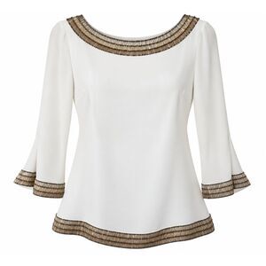 Trulli Petite Ivory Metallic Beaded Trim Boatneck Blouse